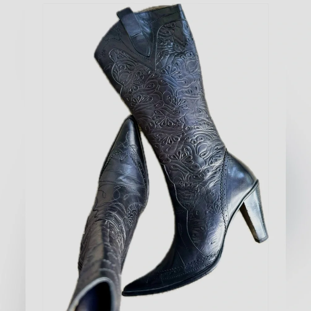 Genuine Leather Embroidered Black Tall Boots – Statement Heels - Picture 7 of 17